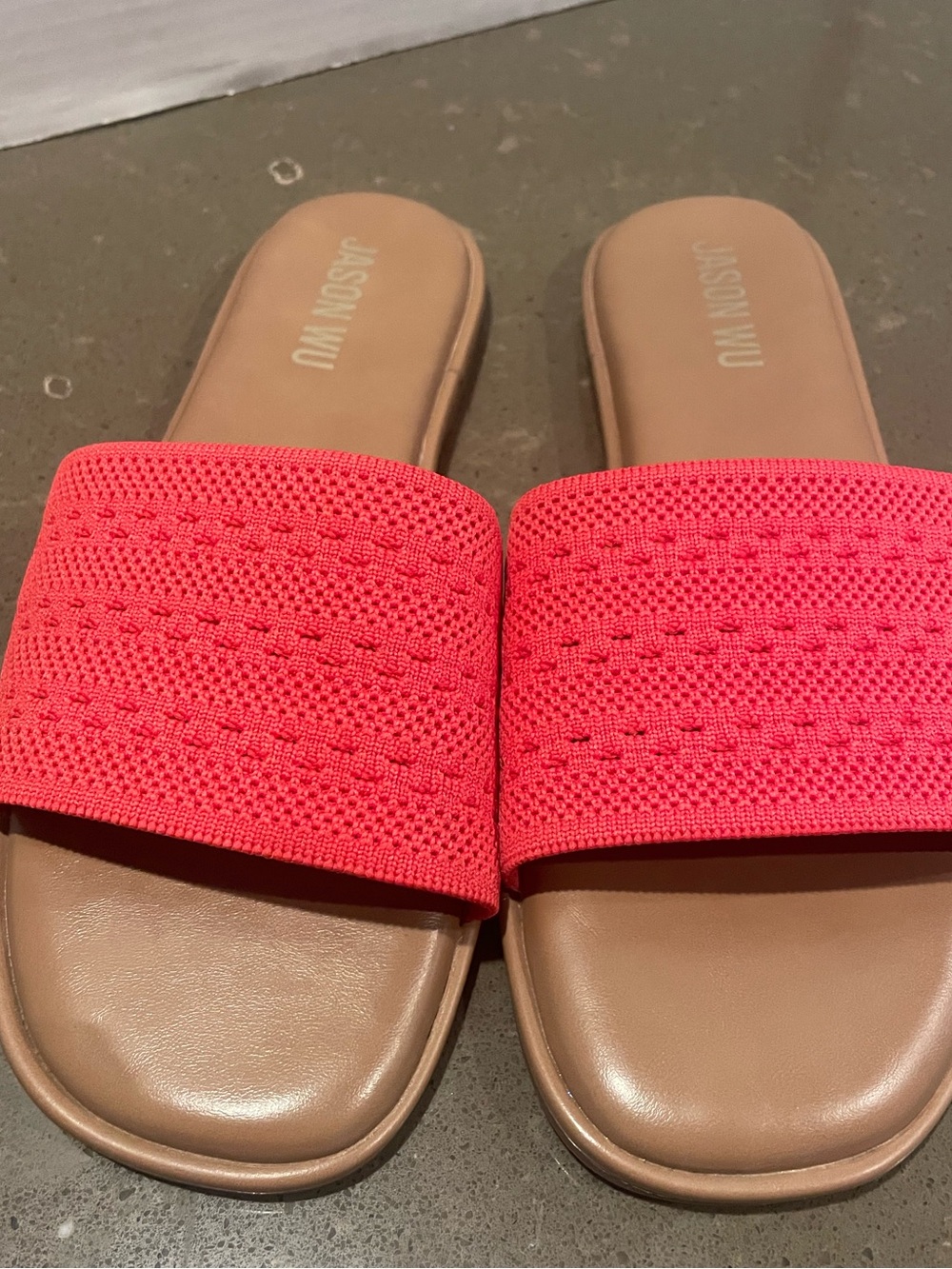 Jason Wu Tomato Red Knit Slide Sandals with Tan Footbed